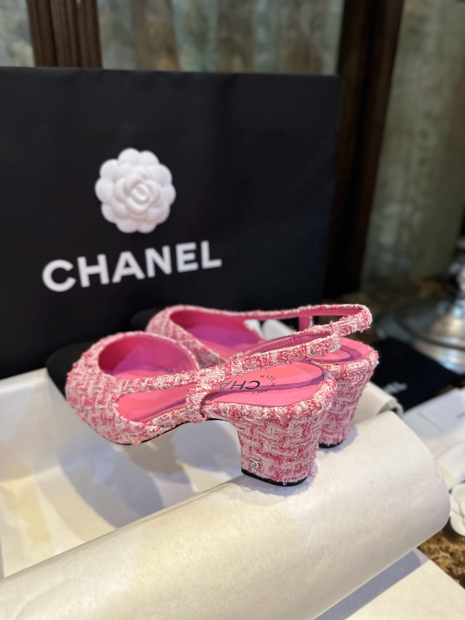 Chanel Pink Bouclé High Heel Slingback Sandals