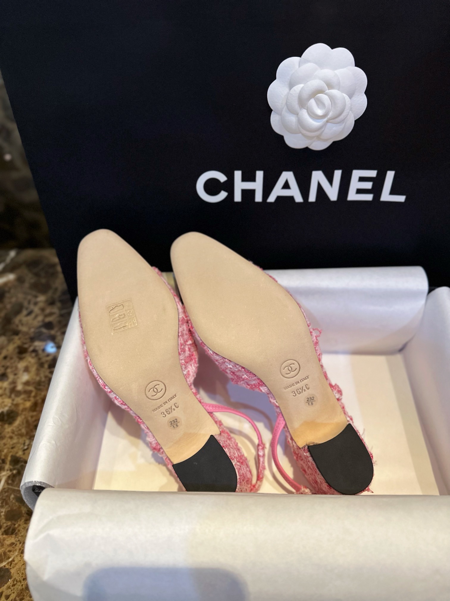 Chanel Pink Bouclé High Heel Slingback Sandals