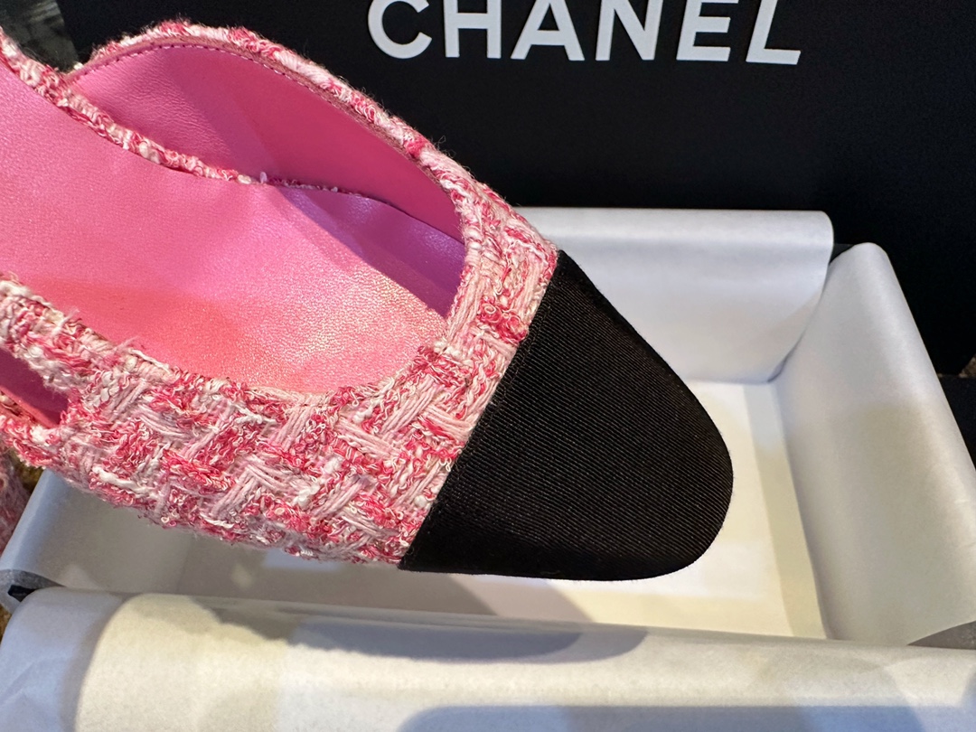 Chanel Pink Bouclé High Heel Slingback Sandals