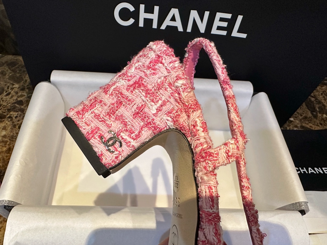 Chanel Pink Bouclé High Heel Slingback Sandals