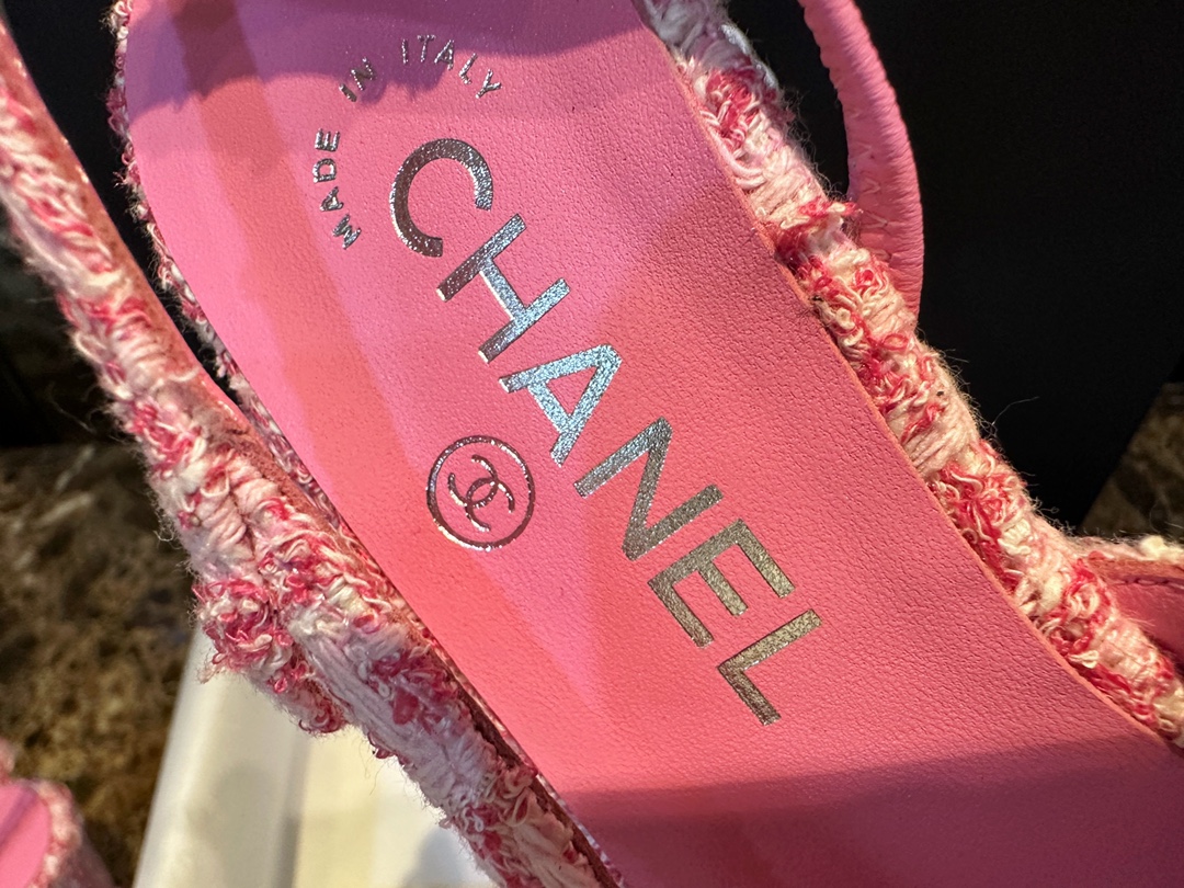 Chanel Pink Bouclé High Heel Slingback Sandals