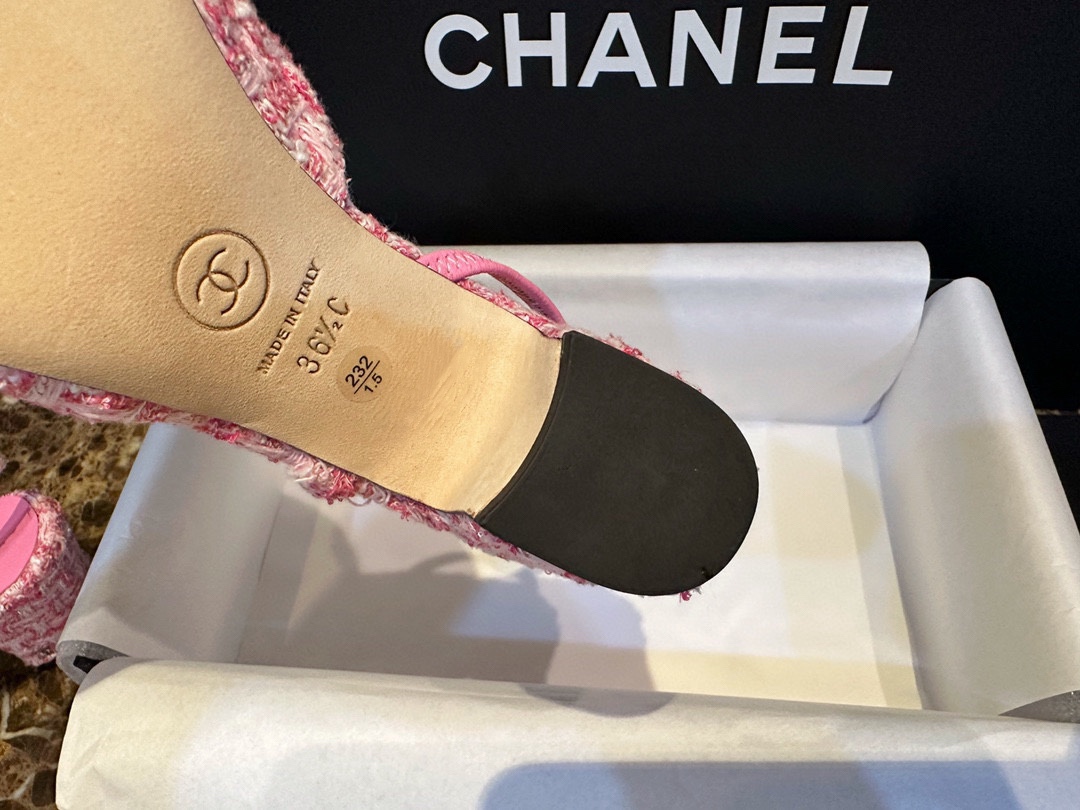 Chanel Pink Bouclé High Heel Slingback Sandals