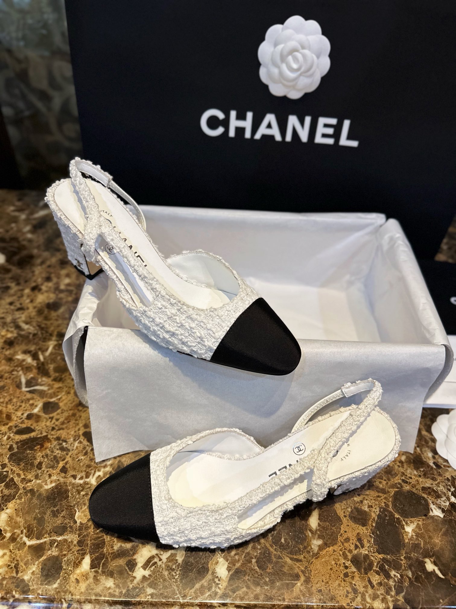 Chanel White Bouclé High Heel Slingback Sandals 