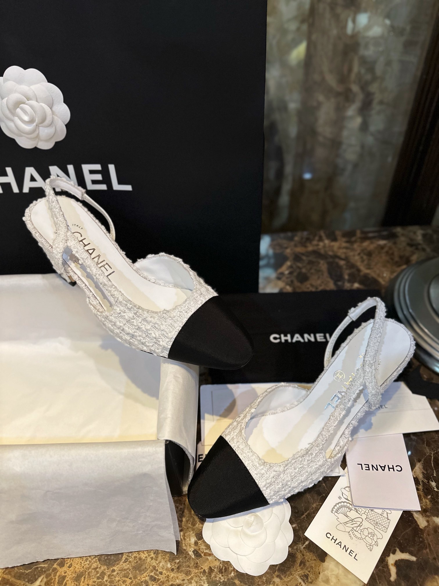 Chanel White Bouclé High Heel Slingback Sandals 