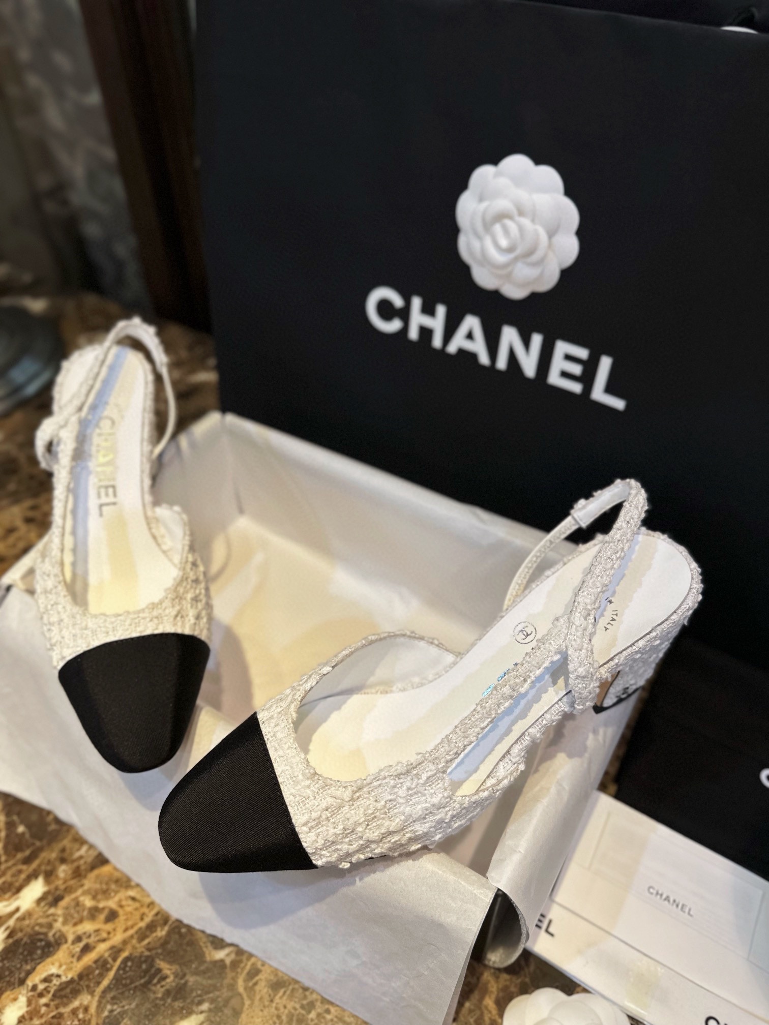 Chanel White Bouclé High Heel Slingback Sandals 