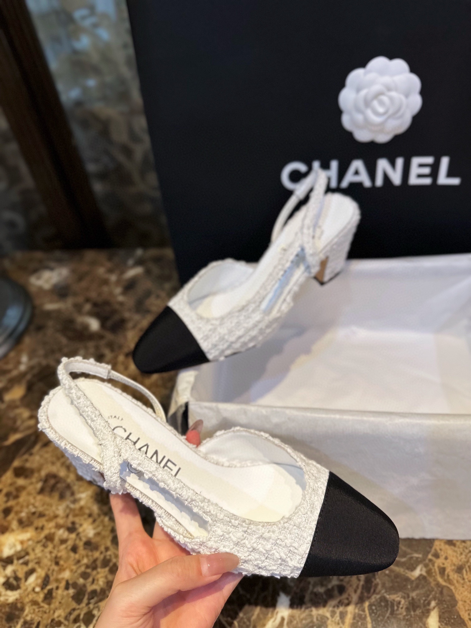 Chanel White Bouclé High Heel Slingback Sandals 