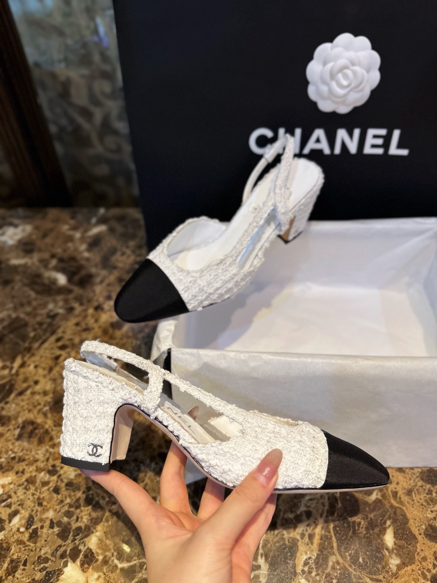 Chanel White Bouclé High Heel Slingback Sandals 