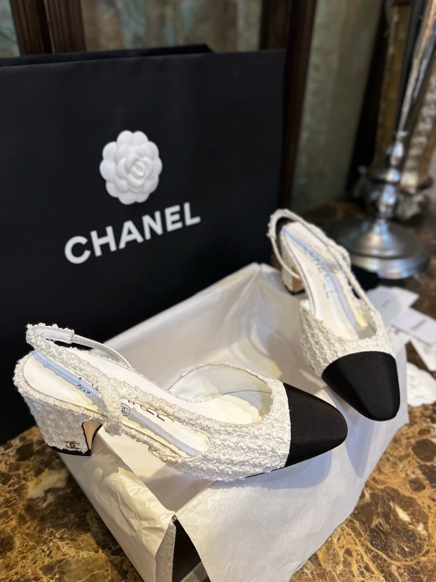 Chanel White Bouclé High Heel Slingback Sandals 