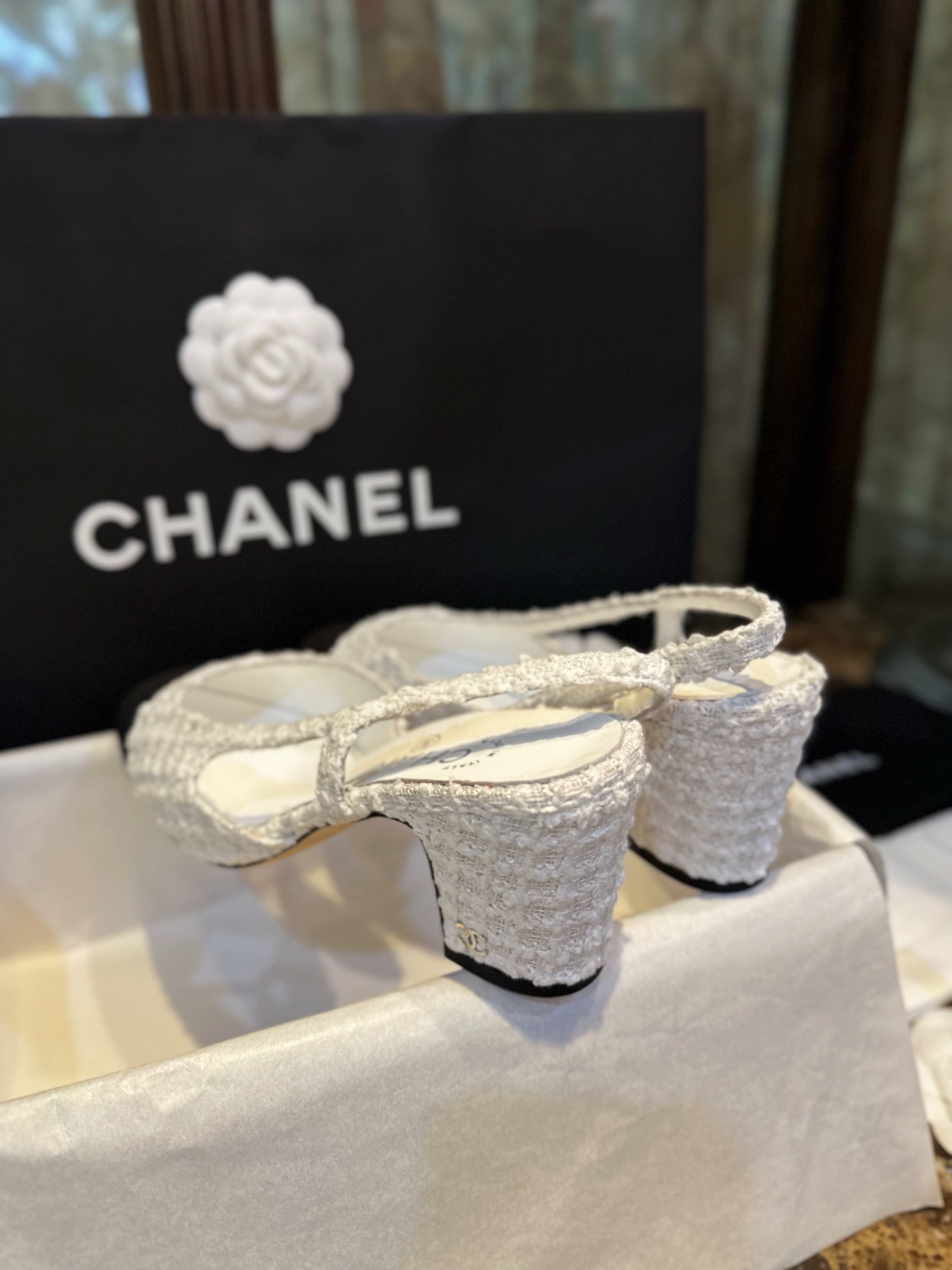 Chanel White Bouclé High Heel Slingback Sandals 