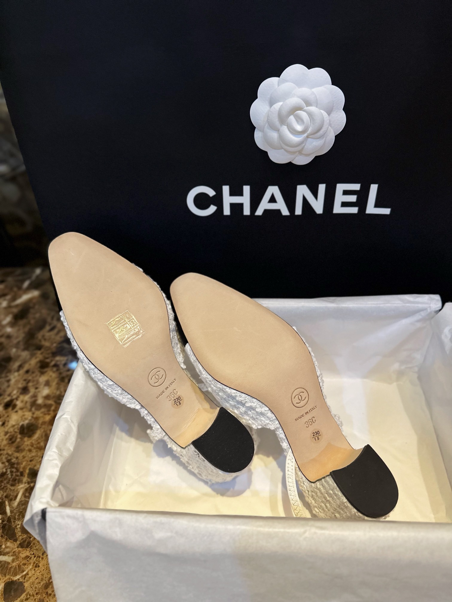 Chanel White Bouclé High Heel Slingback Sandals 