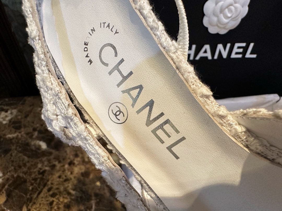 Chanel White Bouclé High Heel Slingback Sandals 