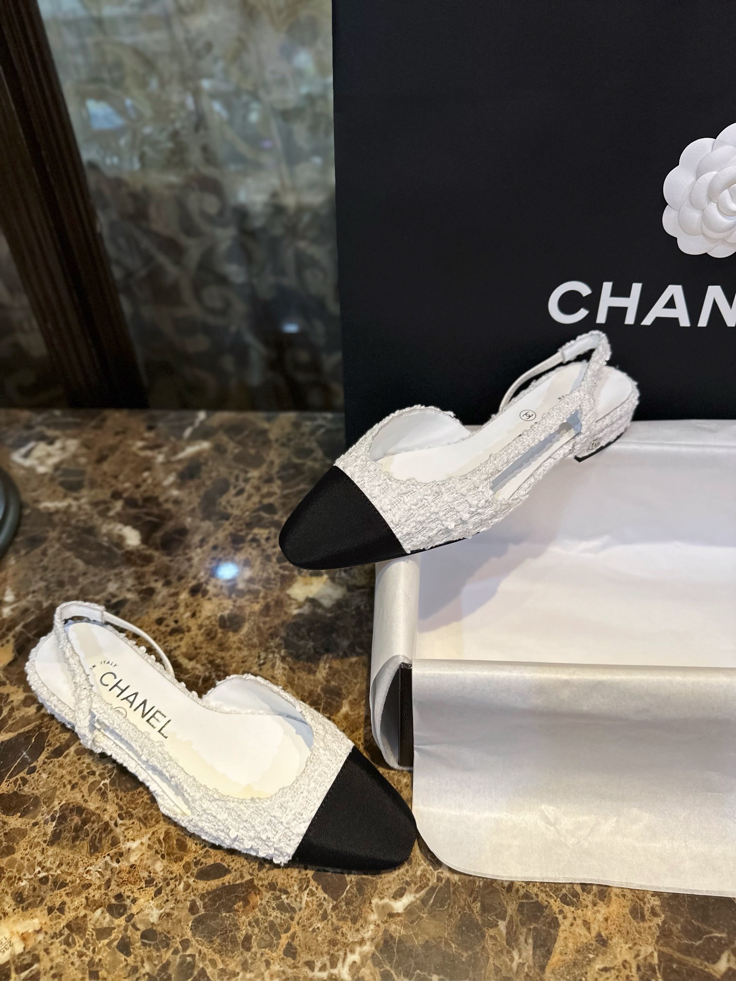 Chanel White Bouclé Flat Slingback Sandals 