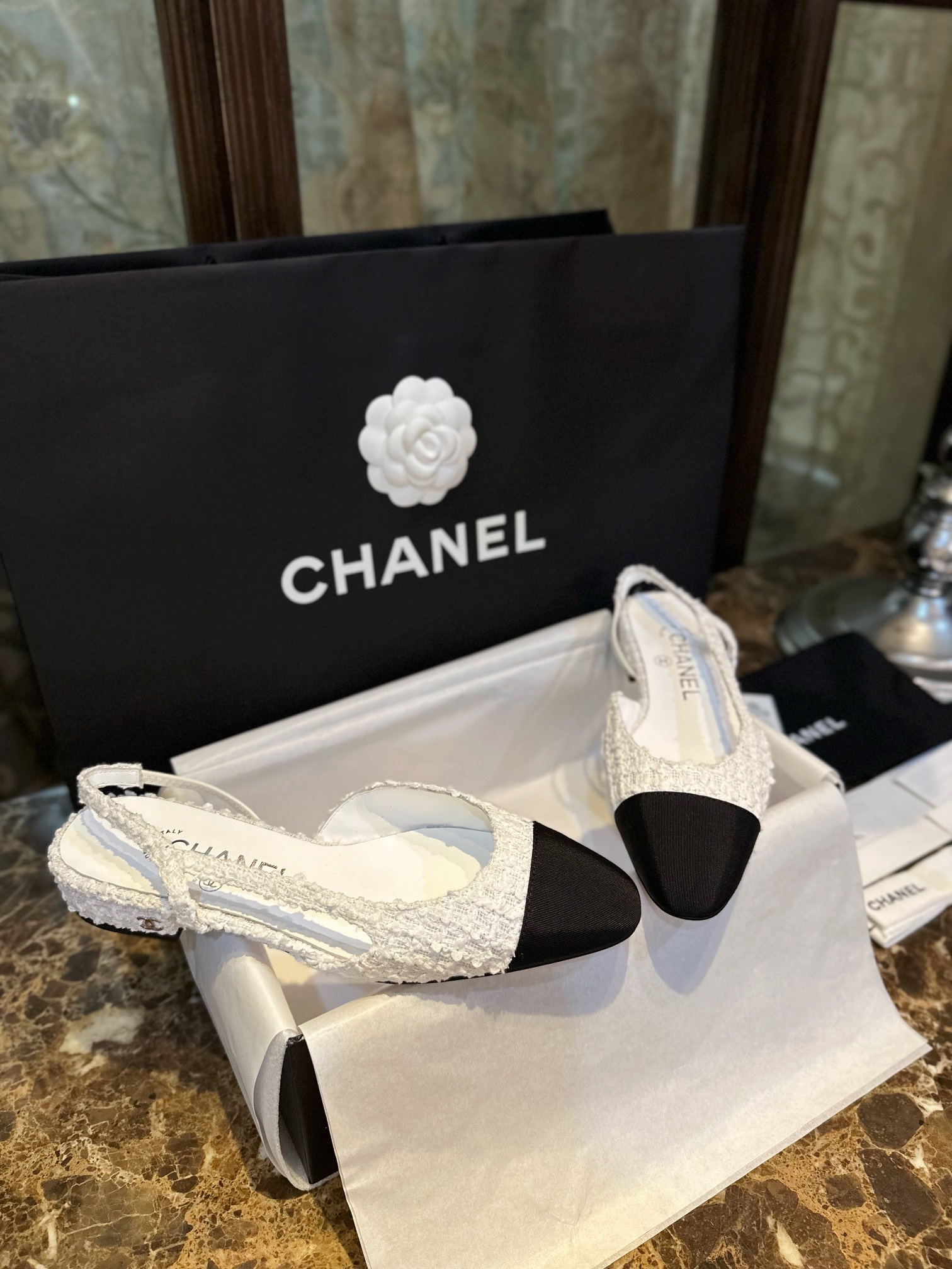 Chanel White Bouclé Flat Slingback Sandals 