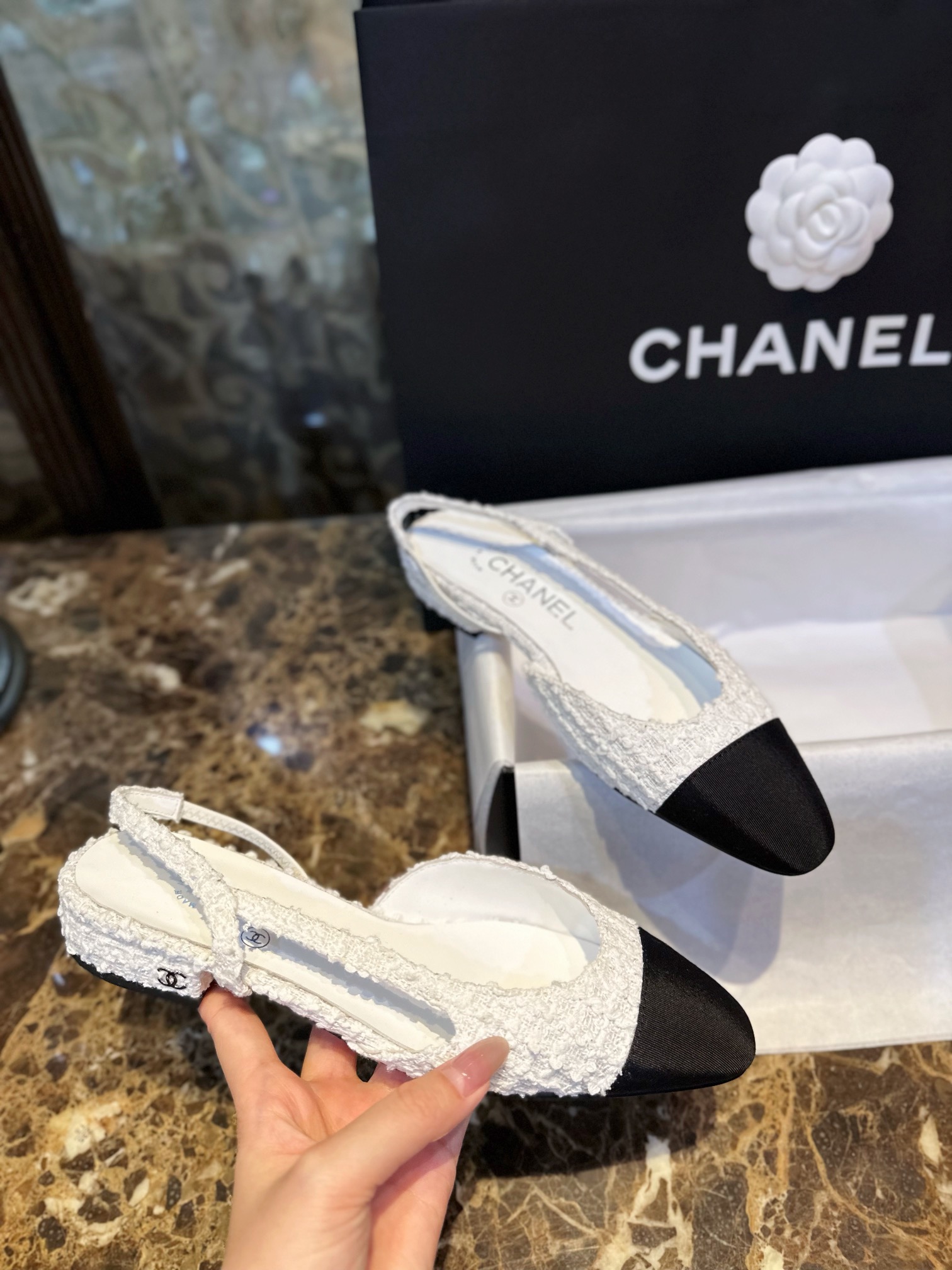 Chanel White Bouclé Flat Slingback Sandals 