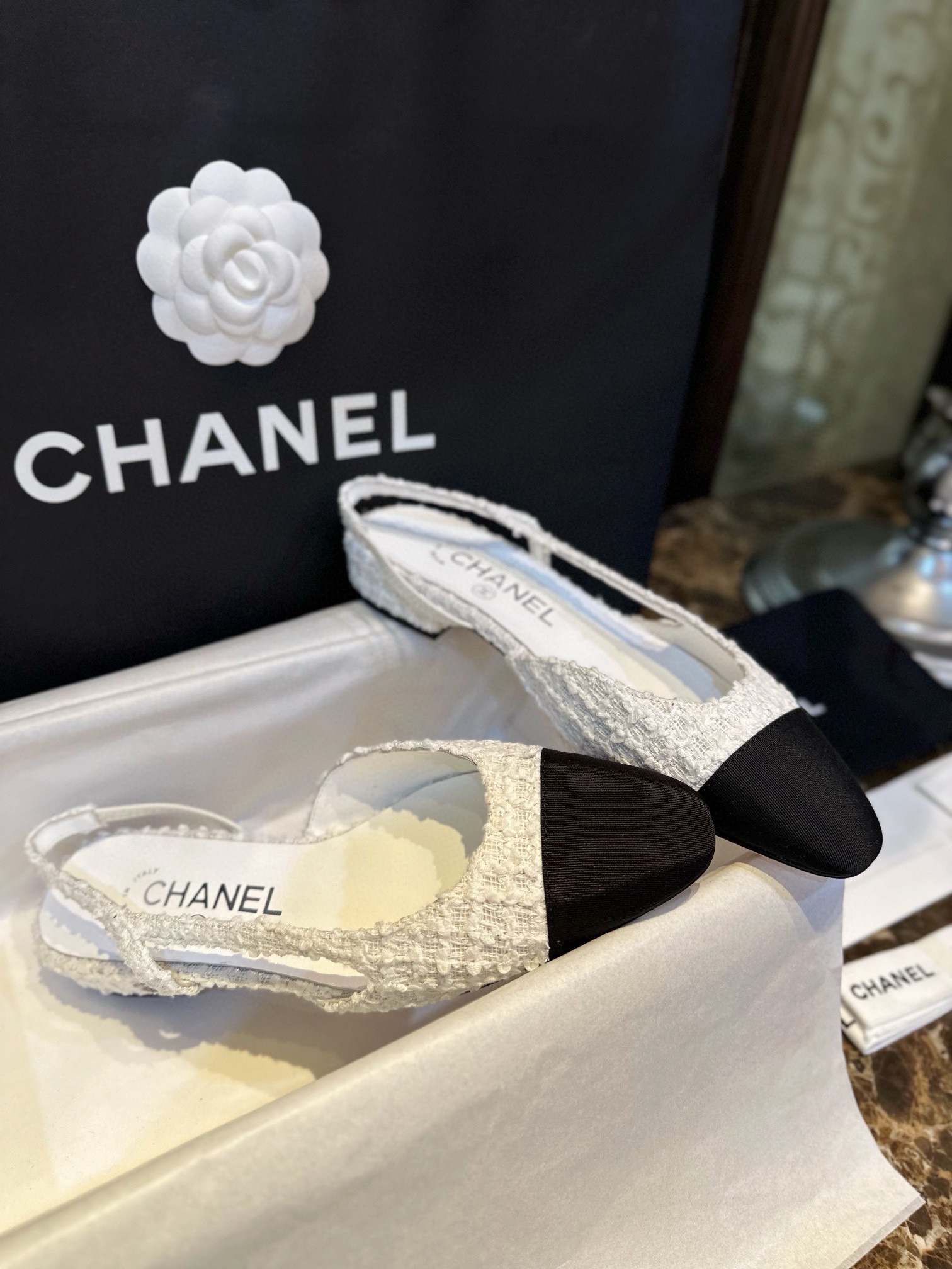 Chanel White Bouclé Flat Slingback Sandals 