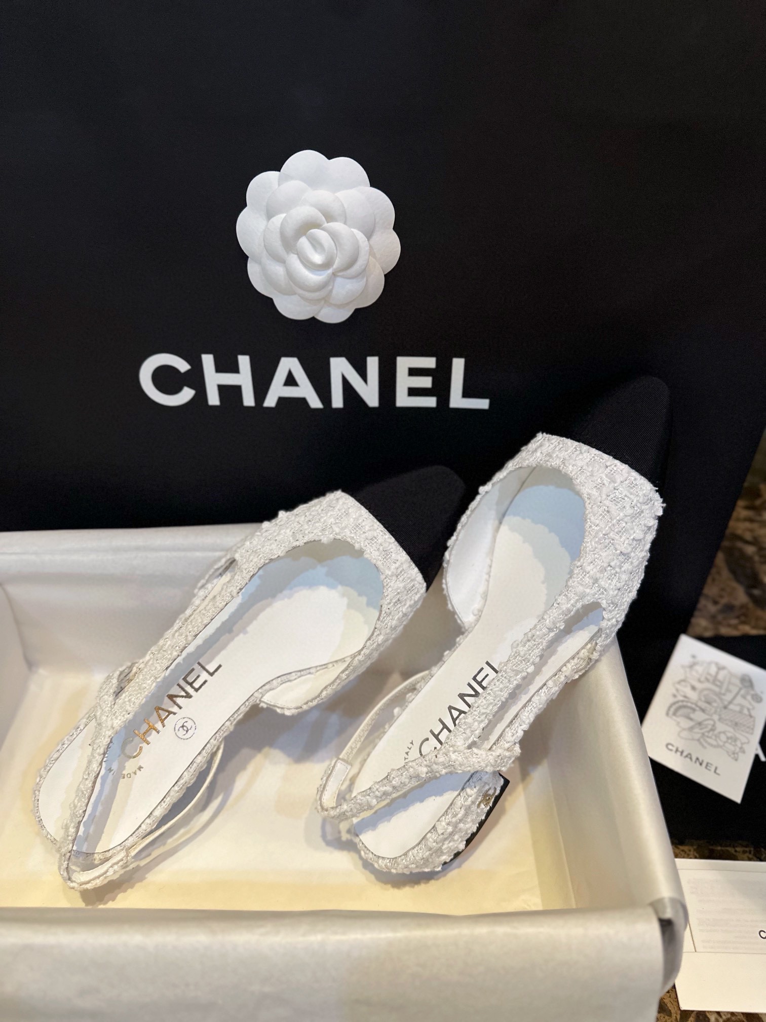 Chanel White Bouclé Flat Slingback Sandals 