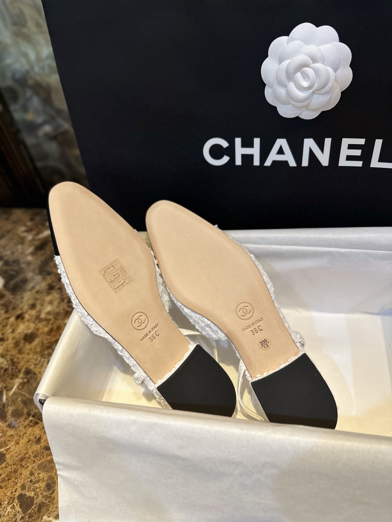 Chanel White Bouclé Flat Slingback Sandals 