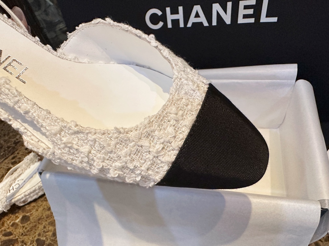 Chanel White Bouclé Flat Slingback Sandals 