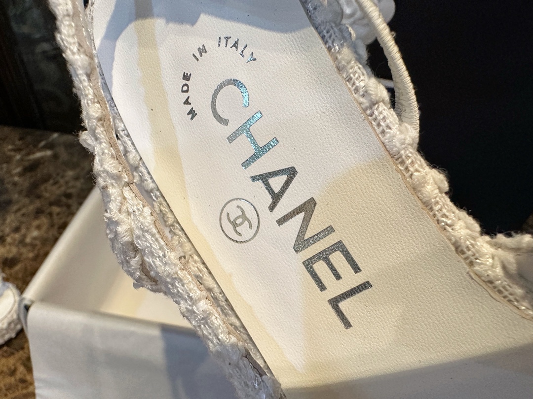 Chanel White Bouclé Flat Slingback Sandals 