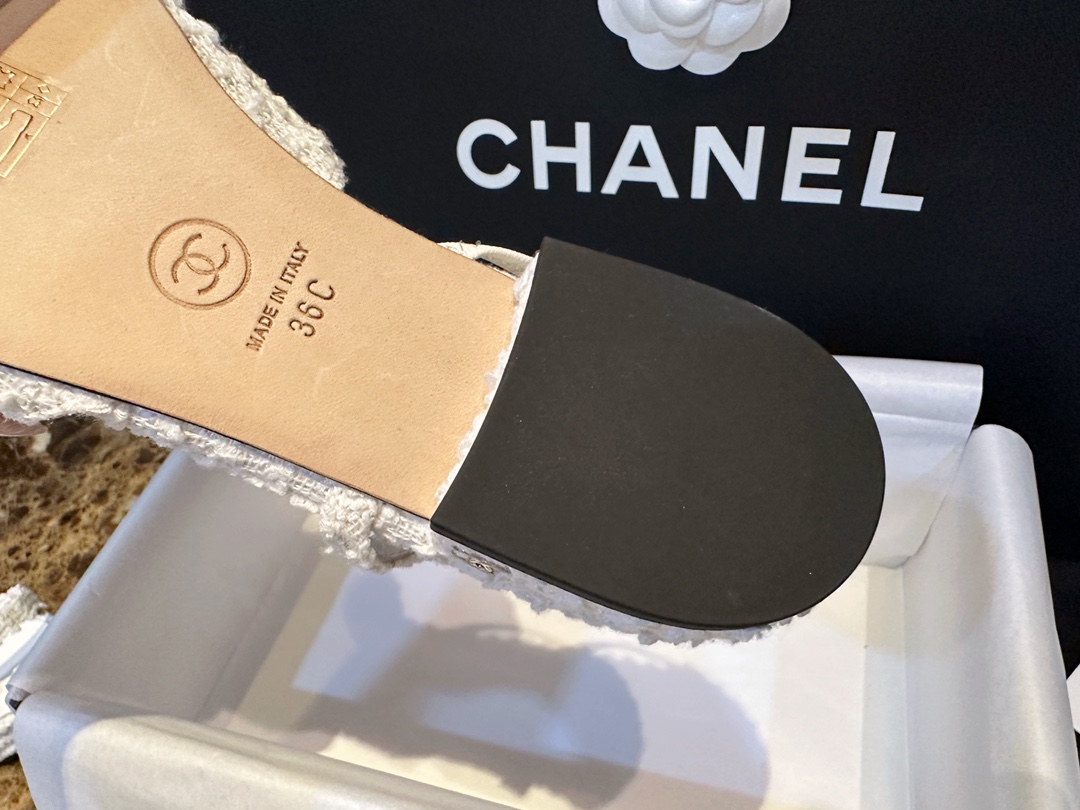 Chanel White Bouclé Flat Slingback Sandals 