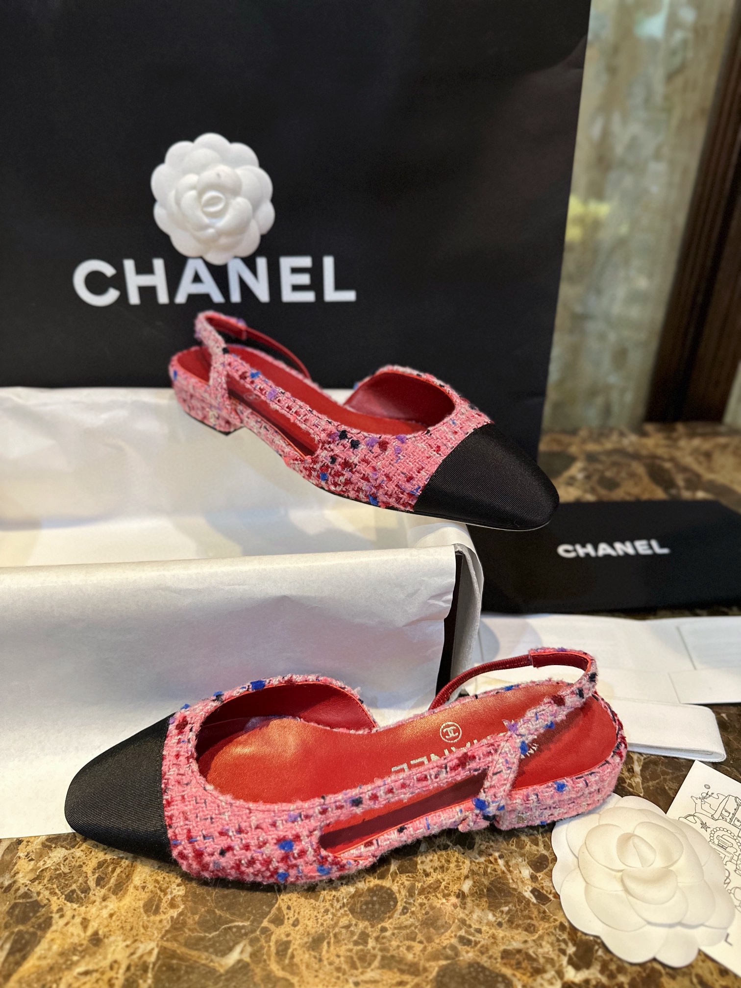 Chanel Dragonfruit Bouclé Flat Slingback - Craftsmanship Demanding Bouclé Fabric, Lamb Leather Lining, Italian Leather Sole