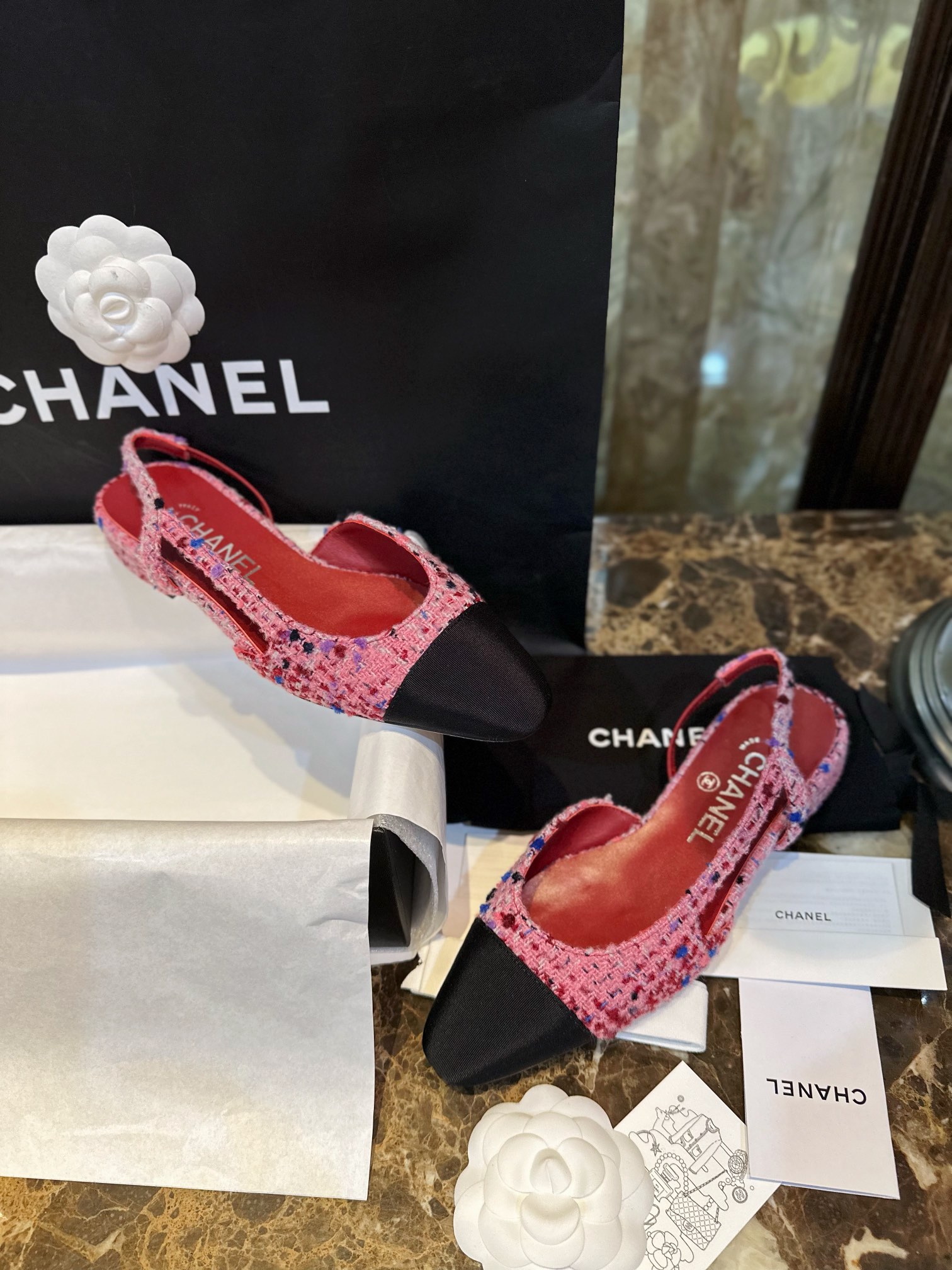 Chanel Dragonfruit Bouclé Flat Slingback - Craftsmanship Demanding Bouclé Fabric, Lamb Leather Lining, Italian Leather Sole