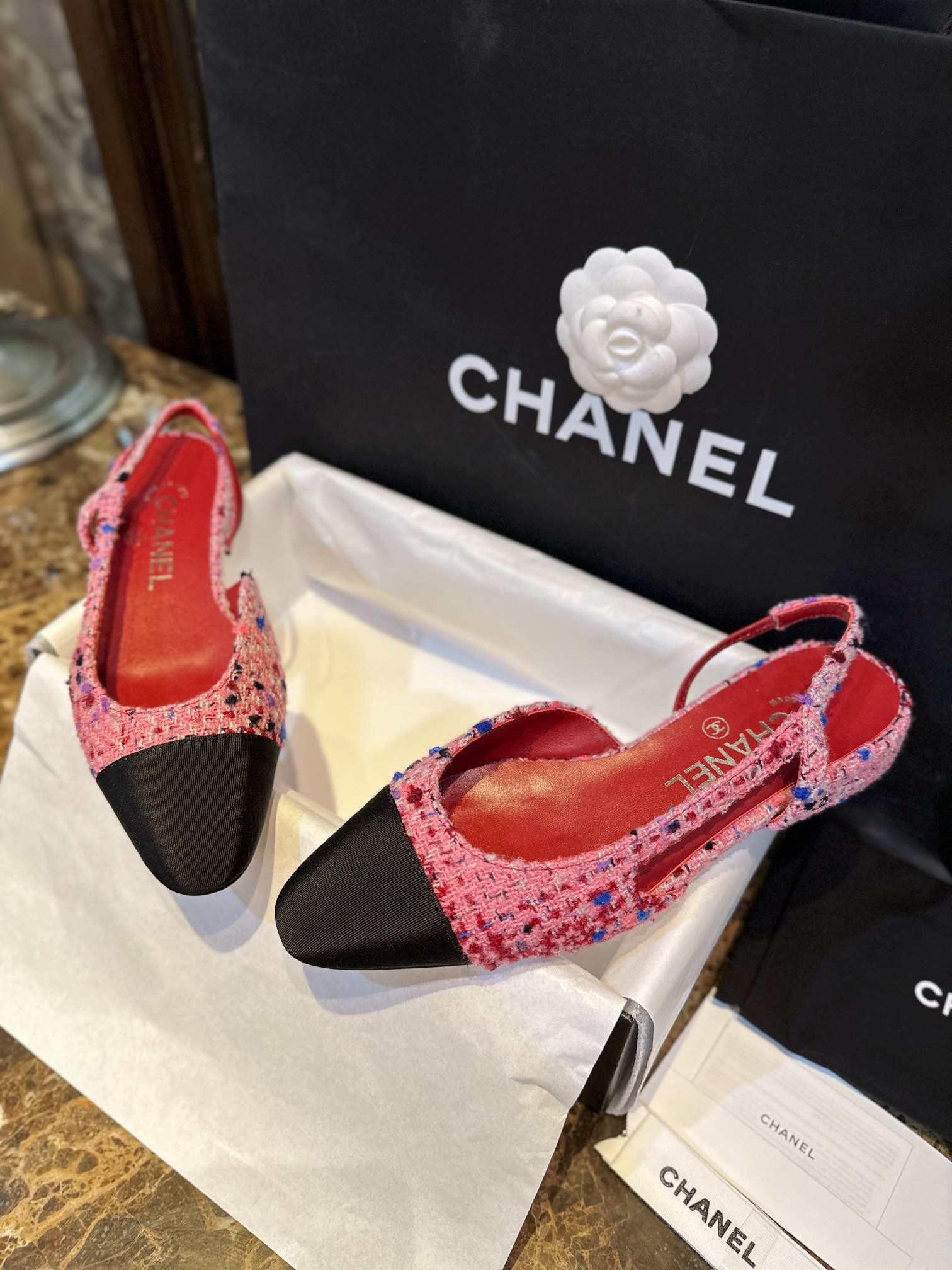 Chanel Dragonfruit Bouclé Flat Slingback - Craftsmanship Demanding Bouclé Fabric, Lamb Leather Lining, Italian Leather Sole