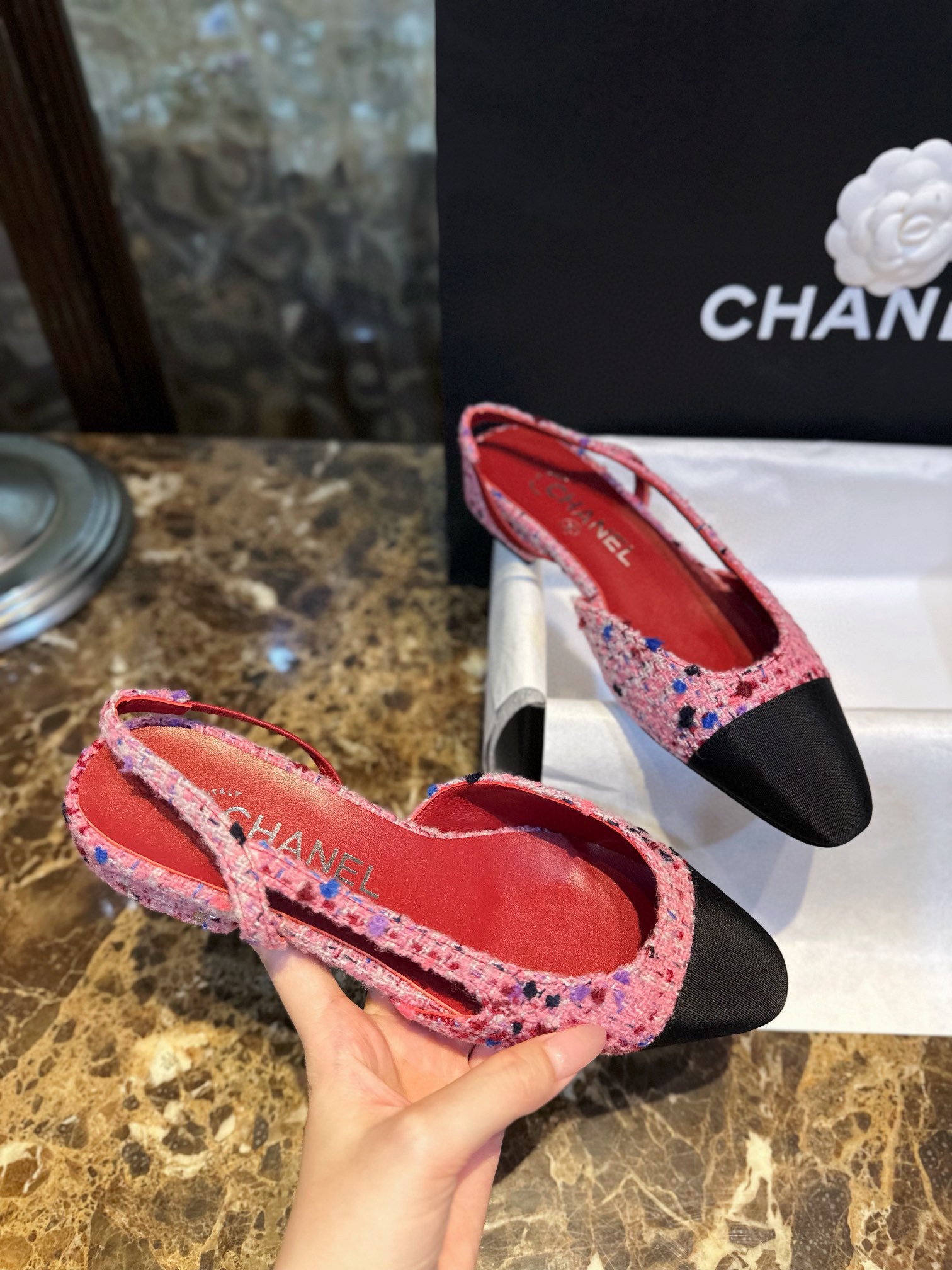 Chanel Dragonfruit Bouclé Flat Slingback - Craftsmanship Demanding Bouclé Fabric, Lamb Leather Lining, Italian Leather Sole