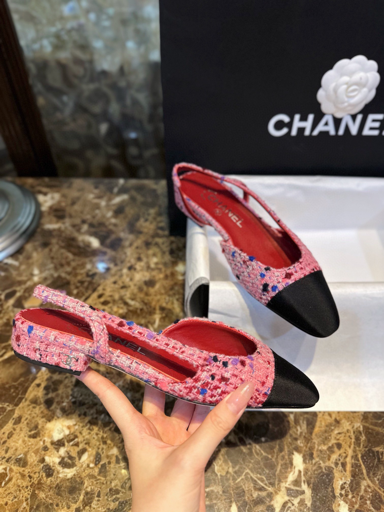 Chanel Dragonfruit Bouclé Flat Slingback - Craftsmanship Demanding Bouclé Fabric, Lamb Leather Lining, Italian Leather Sole