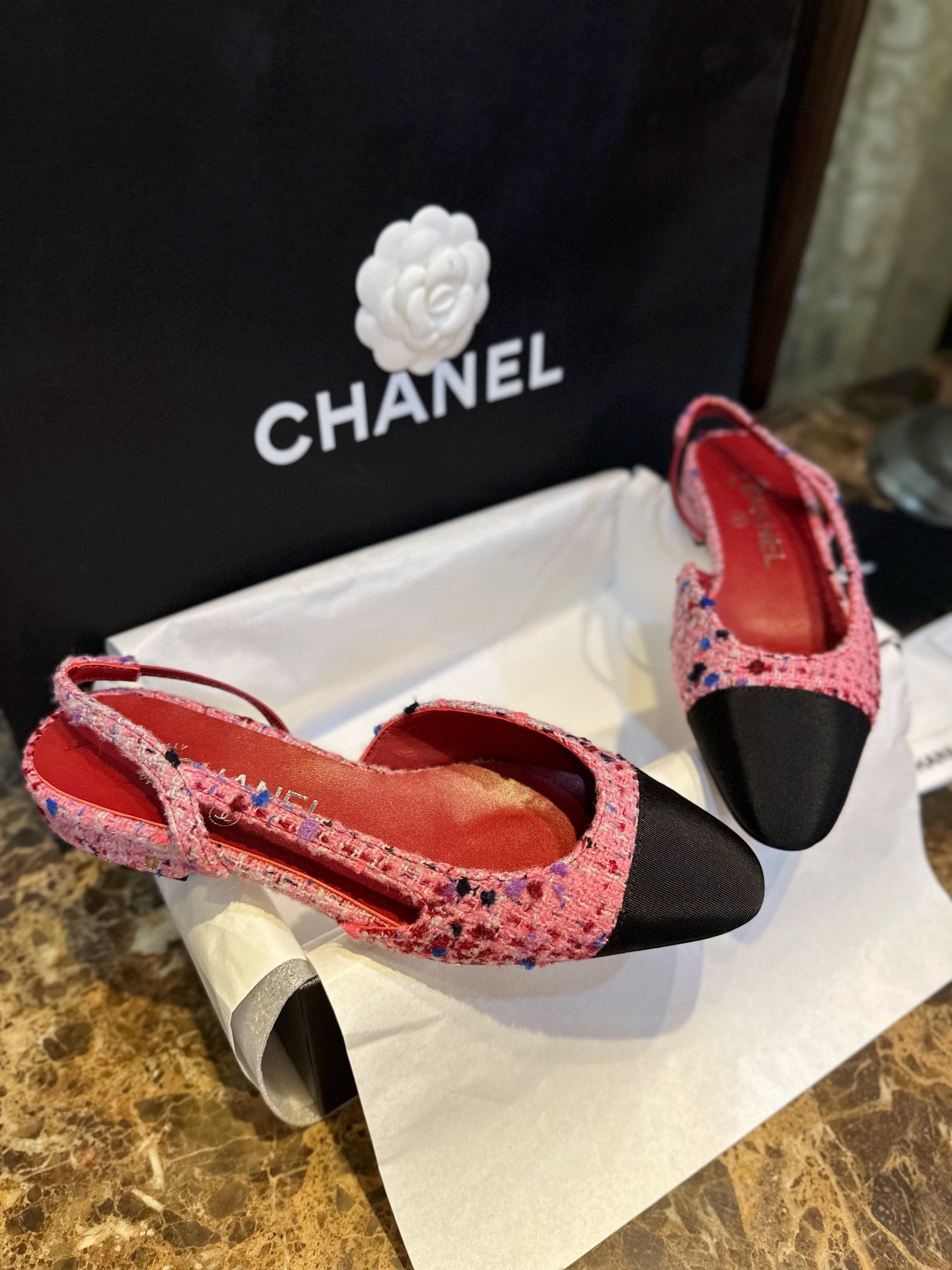 Chanel Dragonfruit Bouclé Flat Slingback - Craftsmanship Demanding Bouclé Fabric, Lamb Leather Lining, Italian Leather Sole