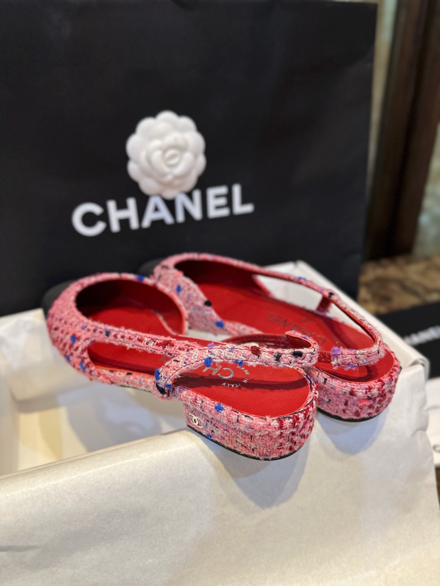 Chanel Dragonfruit Bouclé Flat Slingback - Craftsmanship Demanding Bouclé Fabric, Lamb Leather Lining, Italian Leather Sole