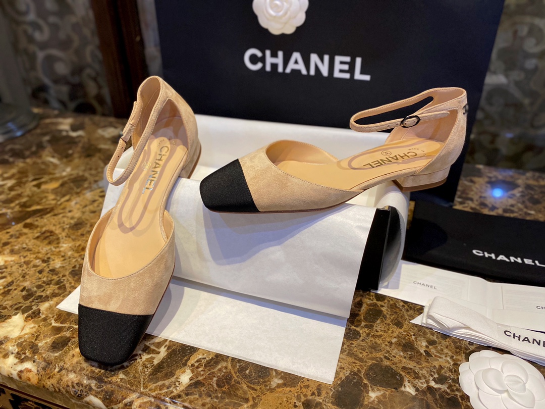 Chanel  Vintage Square Toe Mary Janes in Apricot Suede, Retro Satin Square Toe, Goat Leather with Suede Effect, Comfortable Lamb Leather Lining