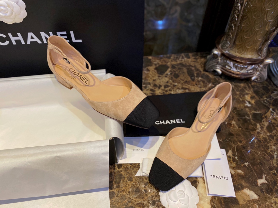 Chanel  Vintage Square Toe Mary Janes in Apricot Suede, Retro Satin Square Toe, Goat Leather with Suede Effect, Comfortable Lamb Leather Lining