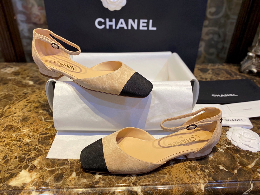 Chanel  Vintage Square Toe Mary Janes in Apricot Suede, Retro Satin Square Toe, Goat Leather with Suede Effect, Comfortable Lamb Leather Lining