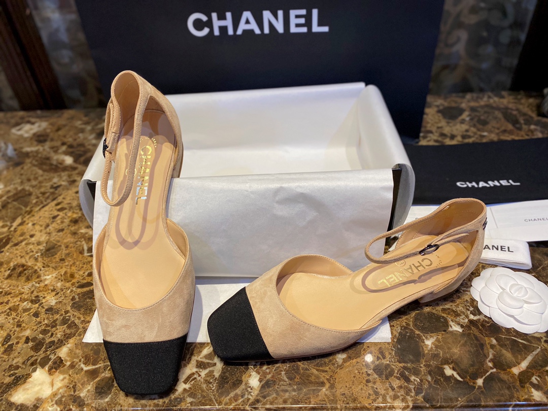 Chanel  Vintage Square Toe Mary Janes in Apricot Suede, Retro Satin Square Toe, Goat Leather with Suede Effect, Comfortable Lamb Leather Lining