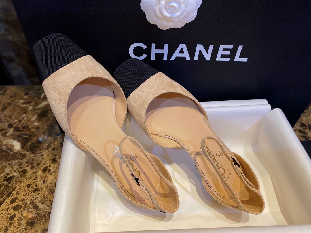 Chanel  Vintage Square Toe Mary Janes in Apricot Suede, Retro Satin Square Toe, Goat Leather with Suede Effect, Comfortable Lamb Leather Lining