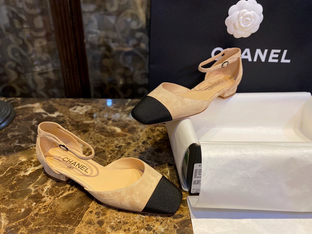 Chanel  Vintage Square Toe Mary Janes in Apricot Suede, Retro Satin Square Toe, Goat Leather with Suede Effect, Comfortable Lamb Leather Lining