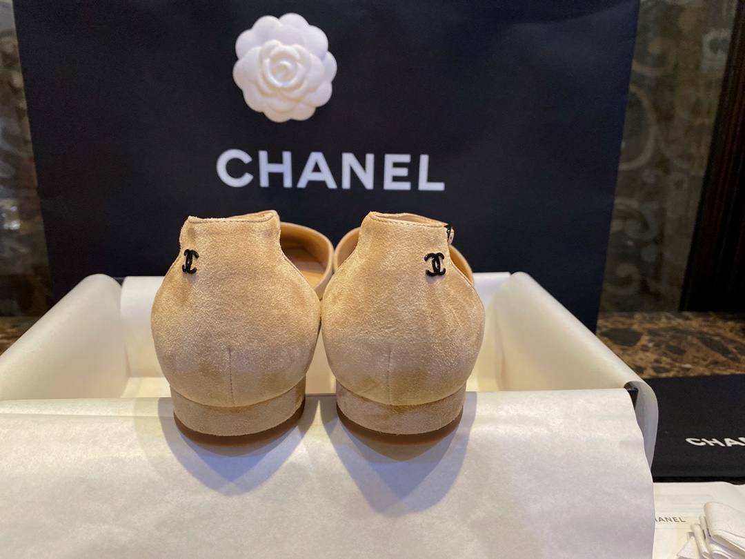 Chanel  Vintage Square Toe Mary Janes in Apricot Suede, Retro Satin Square Toe, Goat Leather with Suede Effect, Comfortable Lamb Leather Lining