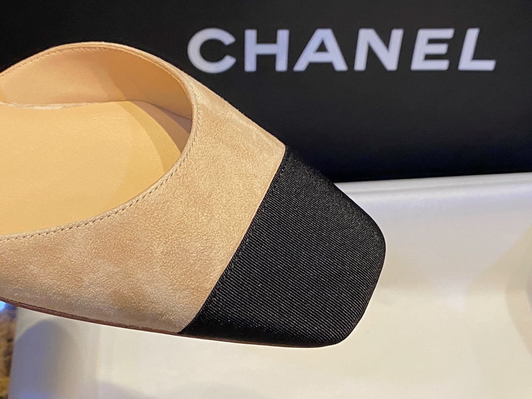 Chanel  Vintage Square Toe Mary Janes in Apricot Suede, Retro Satin Square Toe, Goat Leather with Suede Effect, Comfortable Lamb Leather Lining