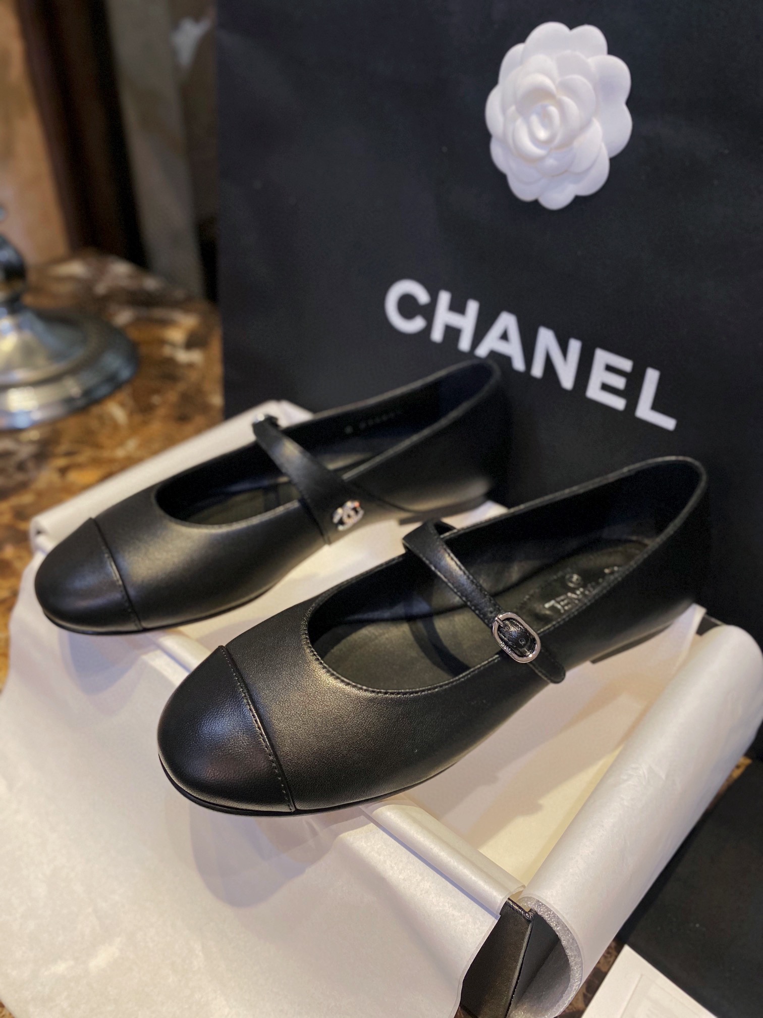 Chanel Cozy Black Mary Jane Flats in Supple Sheepskin, Comfort Guaranteed or Your Money Back! Subtle Side Logo for Understated Elegance, Timeless Grace