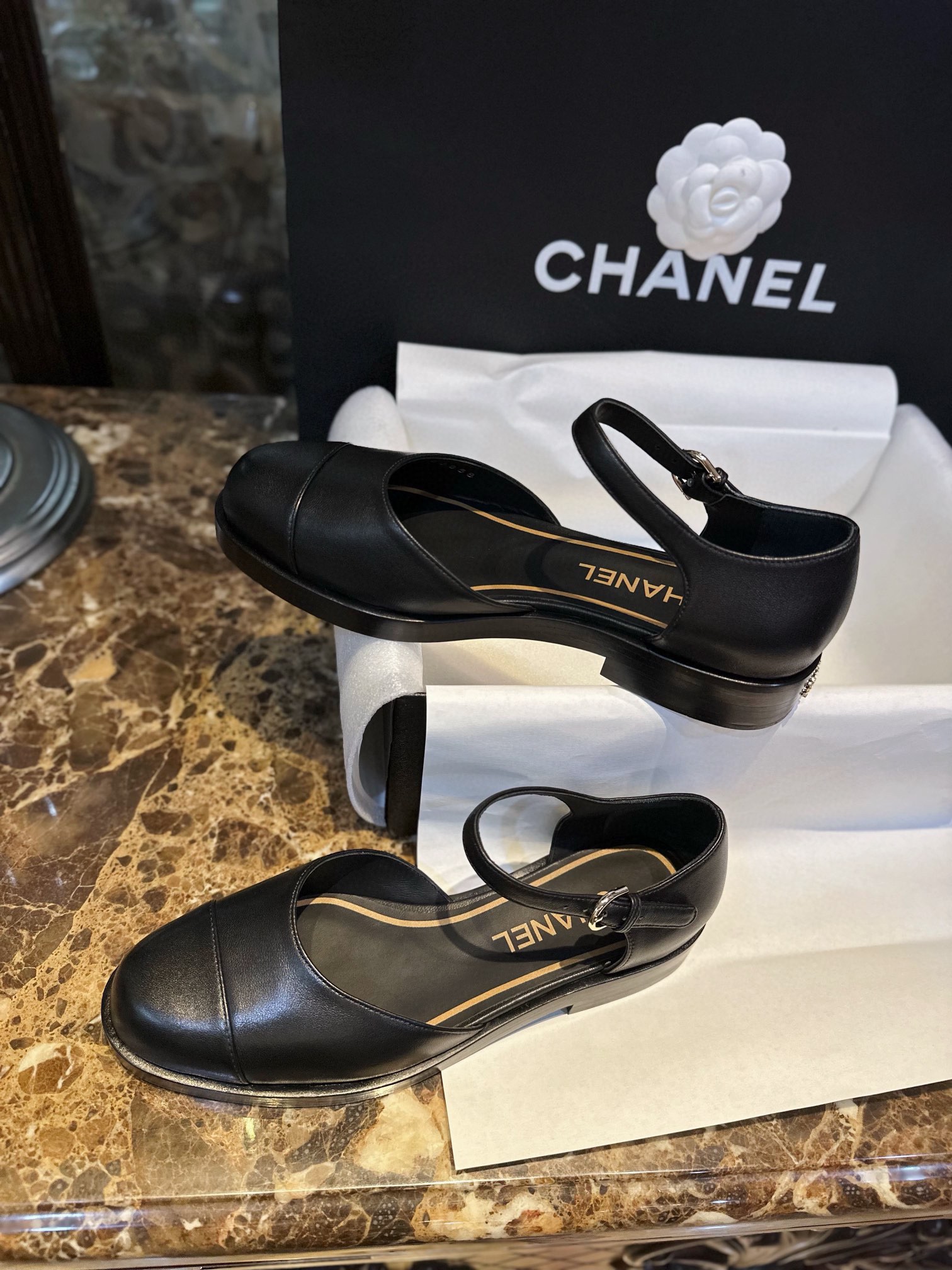 Chanel Genuine Sheepskin Black and Gold Mary Jane Lace-Up Shoes