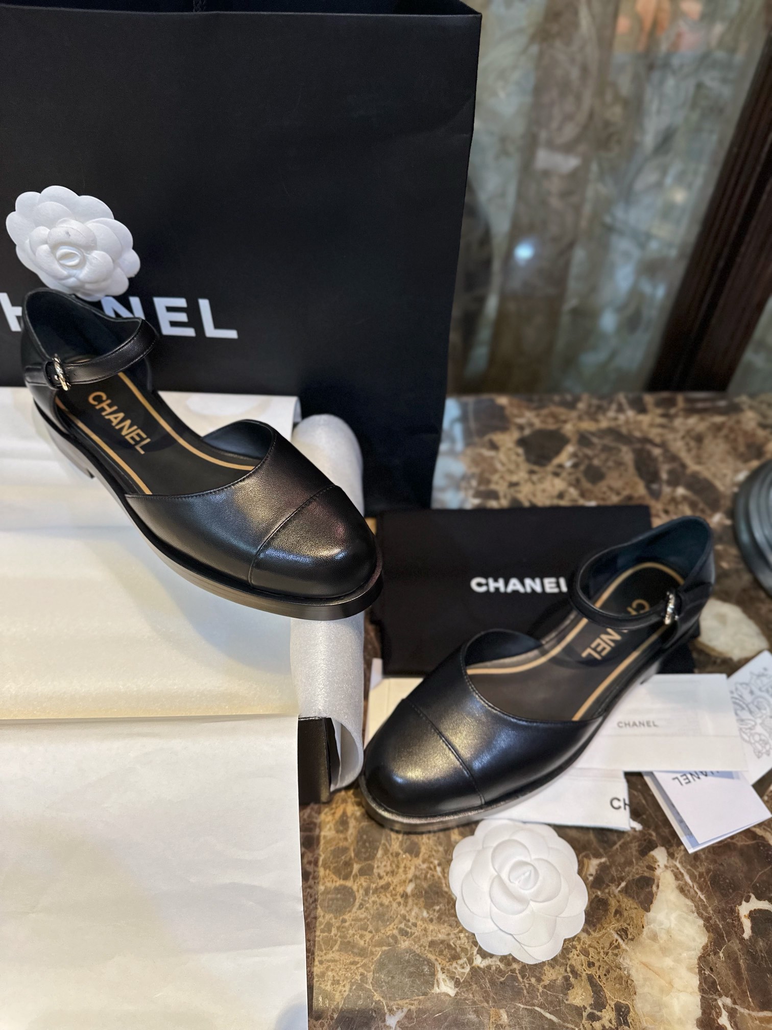 Chanel Genuine Sheepskin Black and Gold Mary Jane Lace-Up Shoes