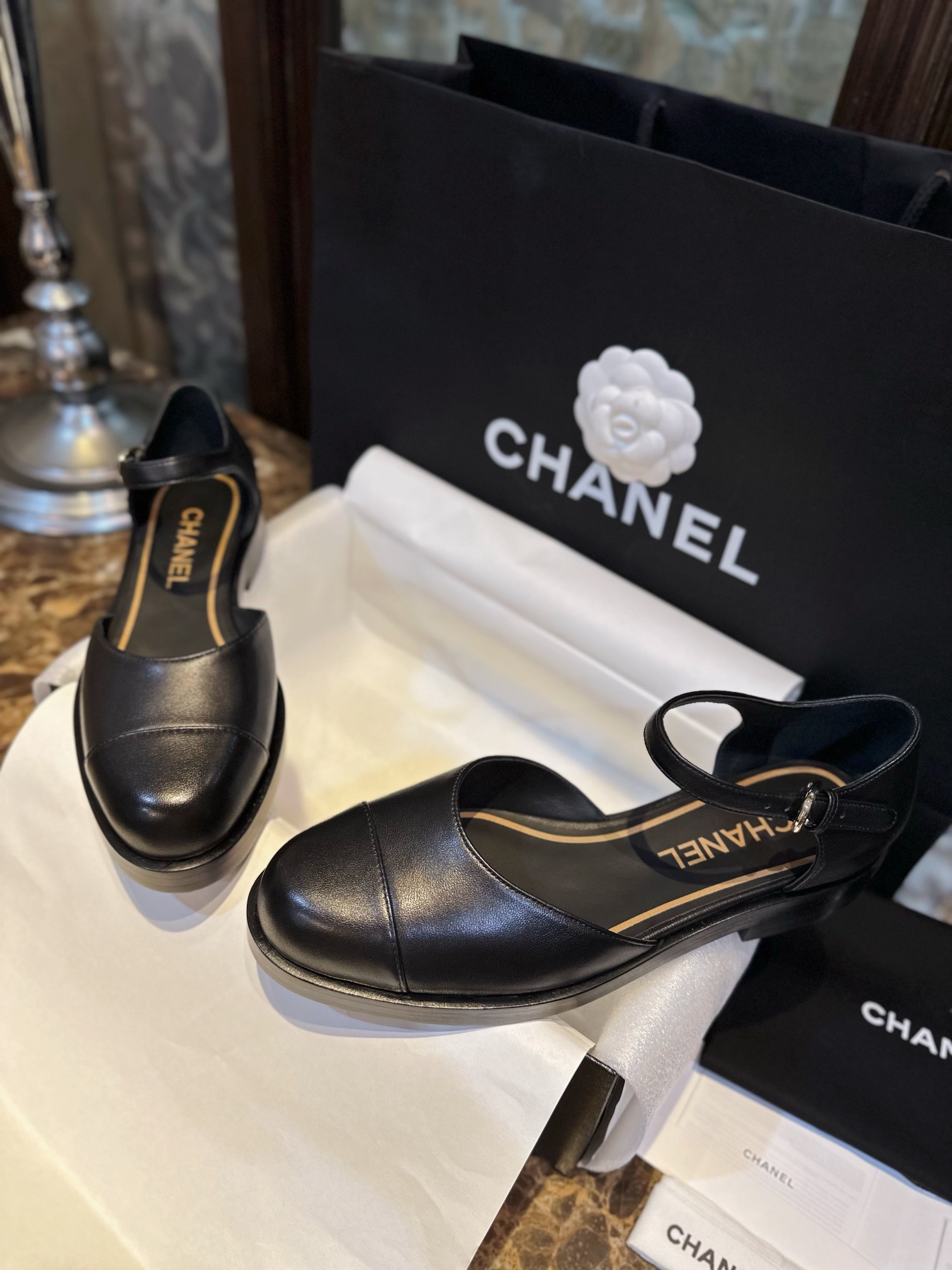 Chanel Genuine Sheepskin Black and Gold Mary Jane Lace-Up Shoes