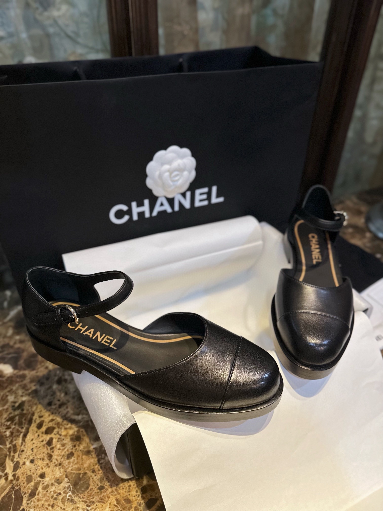 Chanel Genuine Sheepskin Black and Gold Mary Jane Lace-Up Shoes