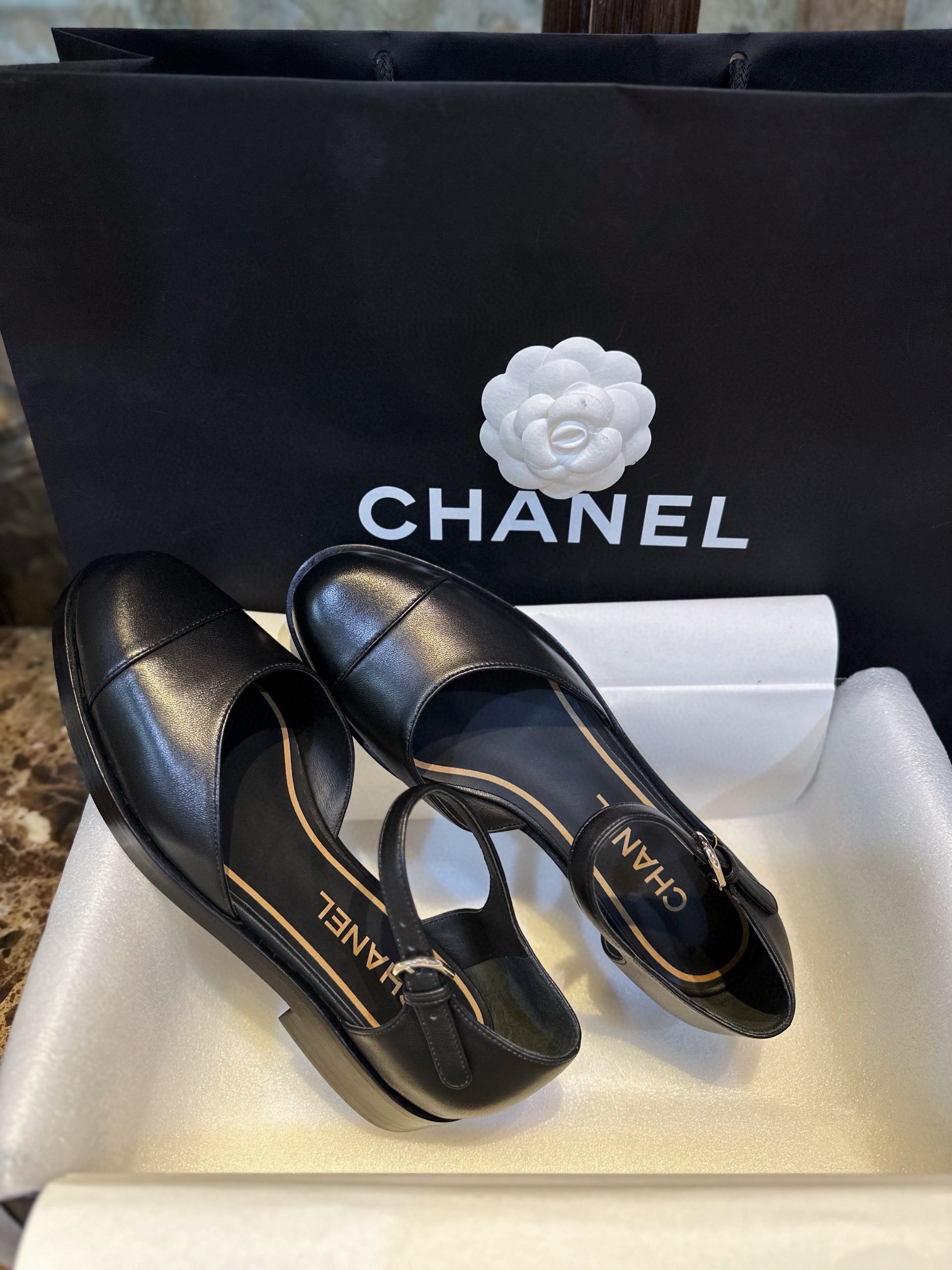 Chanel Genuine Sheepskin Black and Gold Mary Jane Lace-Up Shoes