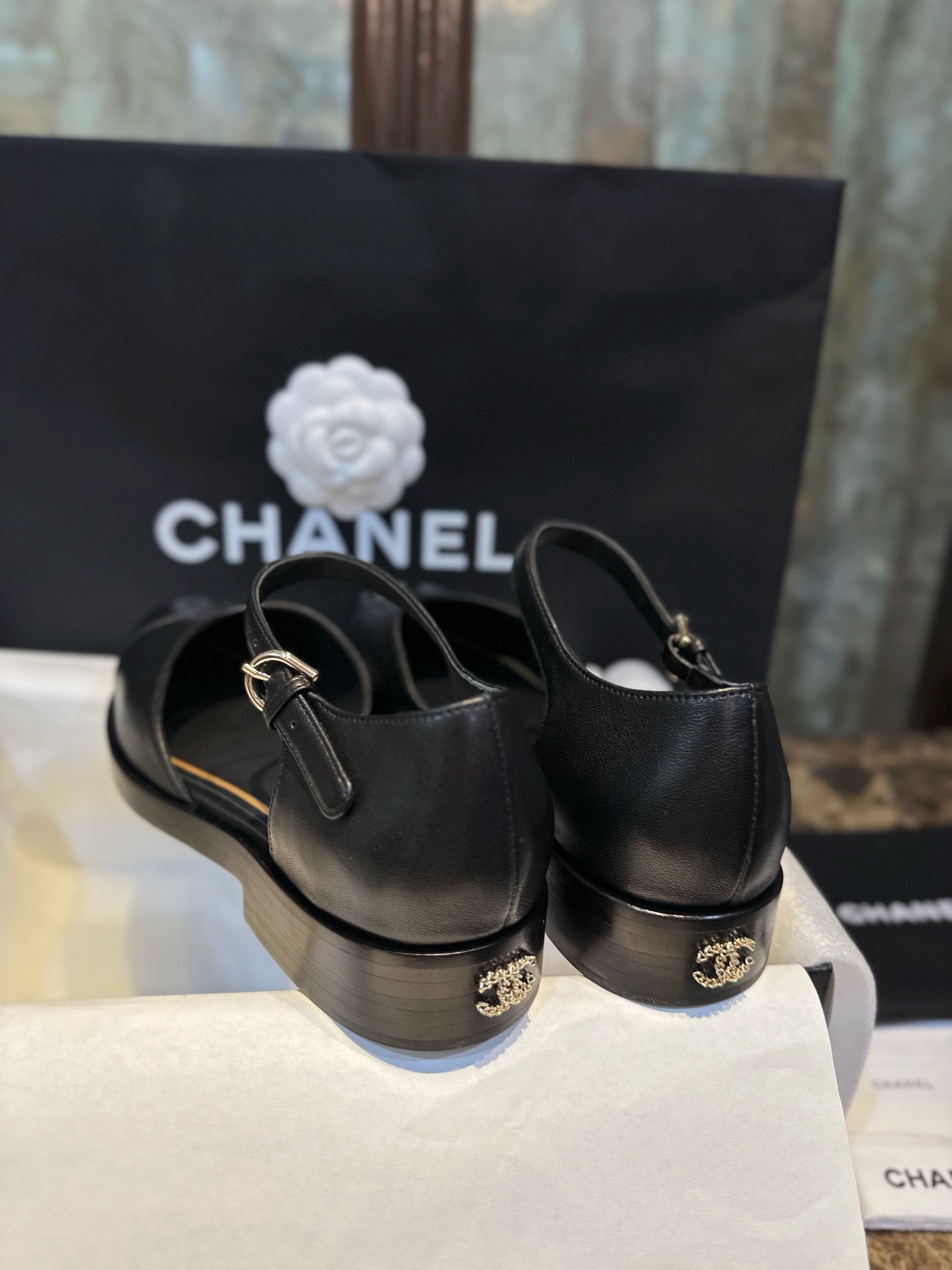 Chanel Genuine Sheepskin Black and Gold Mary Jane Lace-Up Shoes