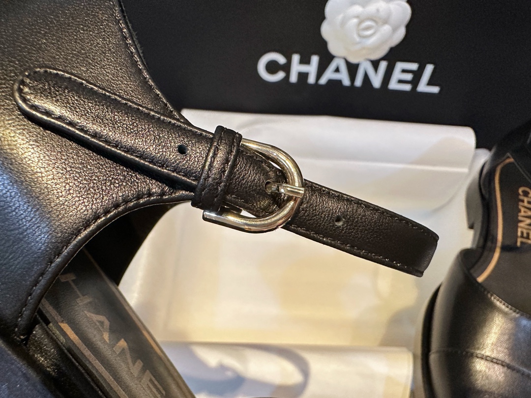 Chanel Genuine Sheepskin Black and Gold Mary Jane Lace-Up Shoes