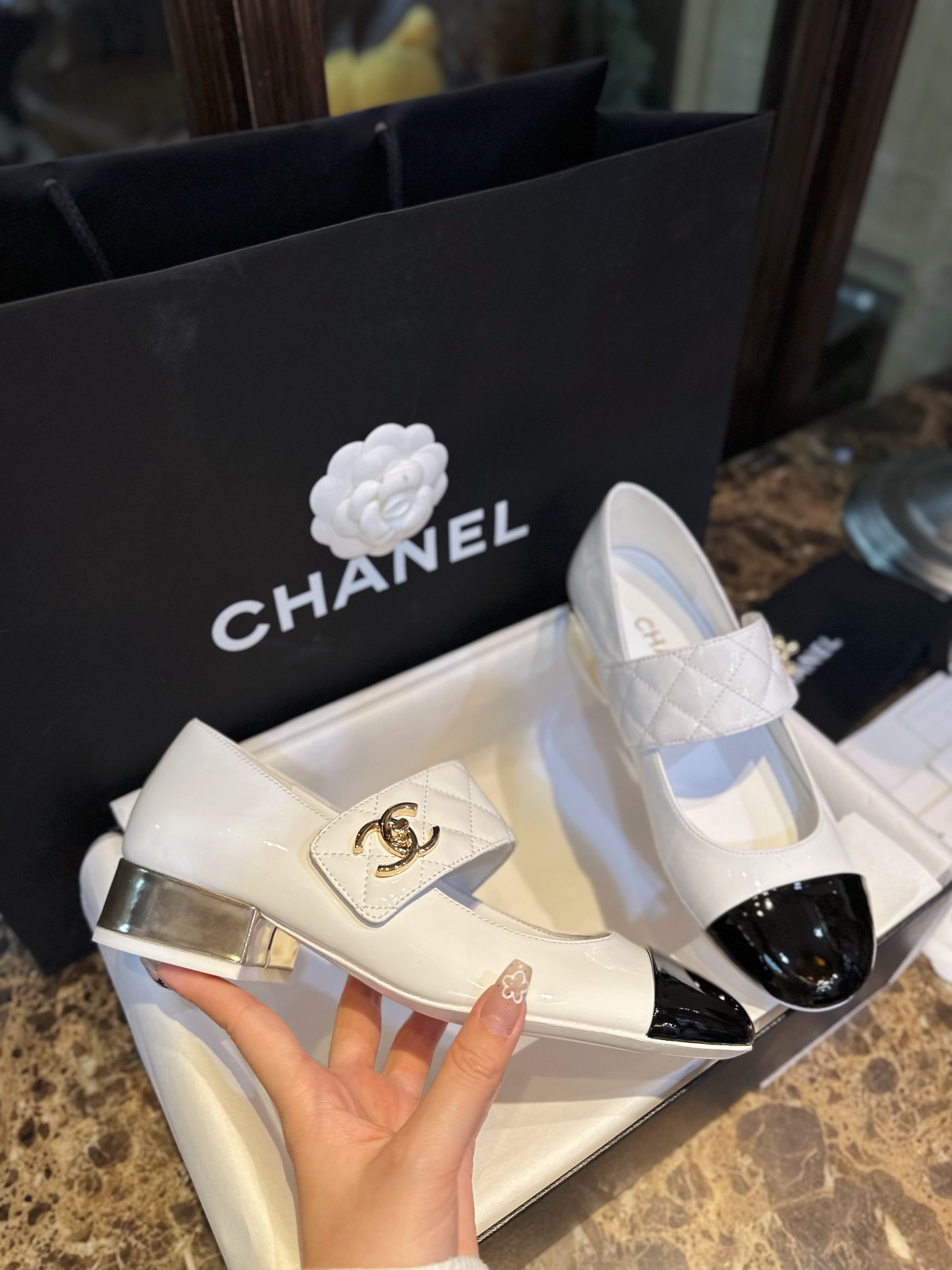 Chanel Bookbag Buckle Gold Heel Mary Jane