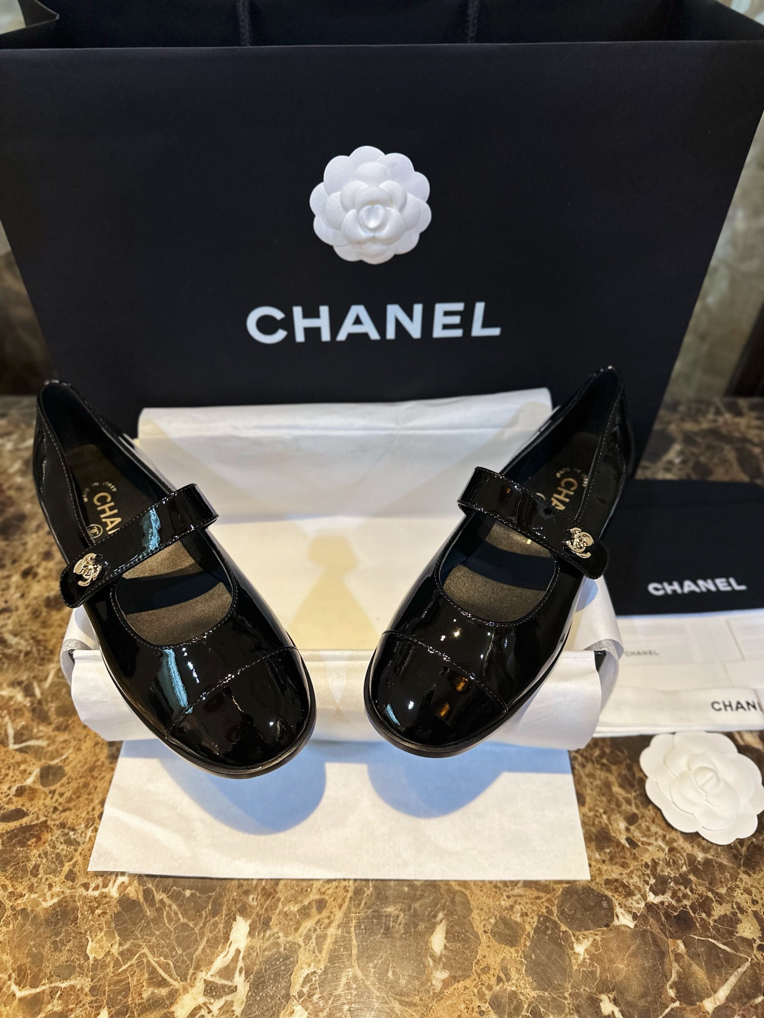 Chanel Black Patent Leather Mary Jane - Super Classic Bookbag Clasp, Imported Calf Patent Leather ➕ Full-Rounded Toe, Soft Lamb Leather Lining ➕ 2cm Heel Height