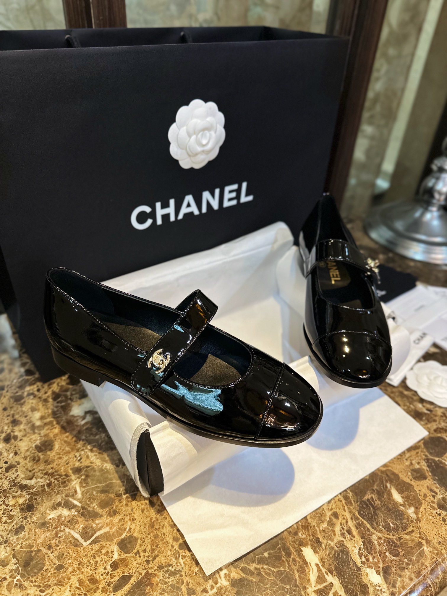 Chanel Black Patent Leather Mary Jane - Super Classic Bookbag Clasp, Imported Calf Patent Leather ➕ Full-Rounded Toe, Soft Lamb Leather Lining ➕ 2cm Heel Height